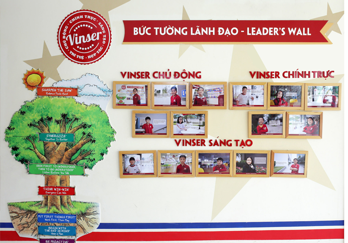 Hàng tháng những học sinh tiêu biểu được vinh danh trên bức tường lãnh đạo The Leader Wall